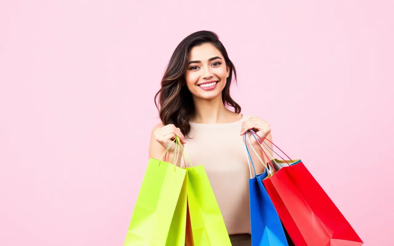 Woman holding colourful shopping bags