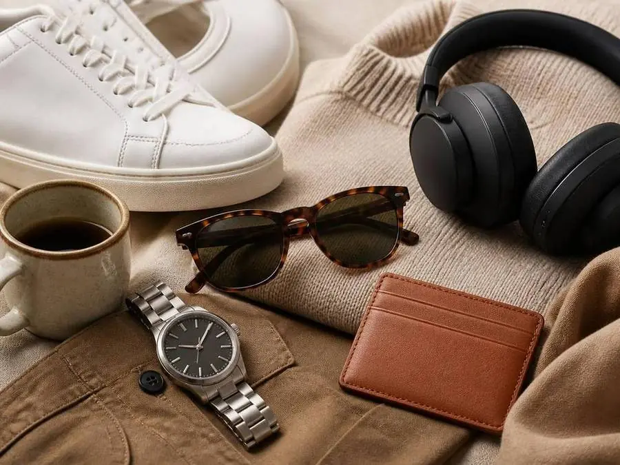 Sneakers, electronics and accessories flat lay