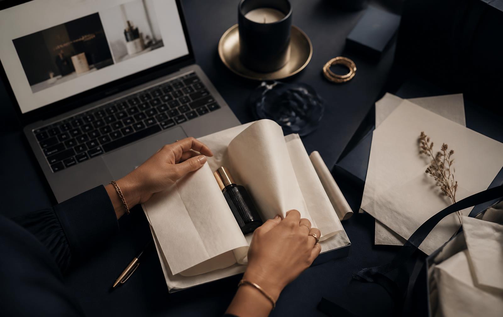An entrepreneur managing their global brand from a laptop